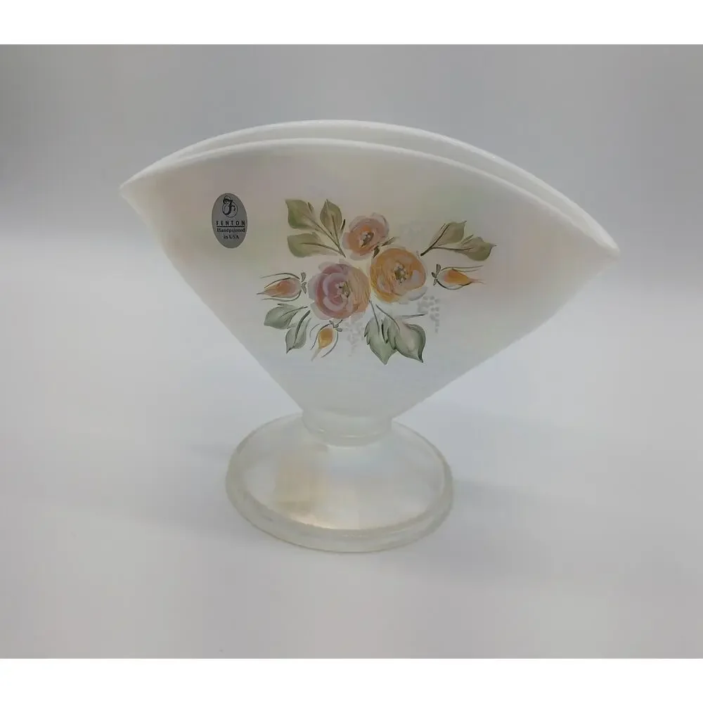 Fenton Iridescent White Opalescent Romance Hand Painted Floral Fan Vase Signed